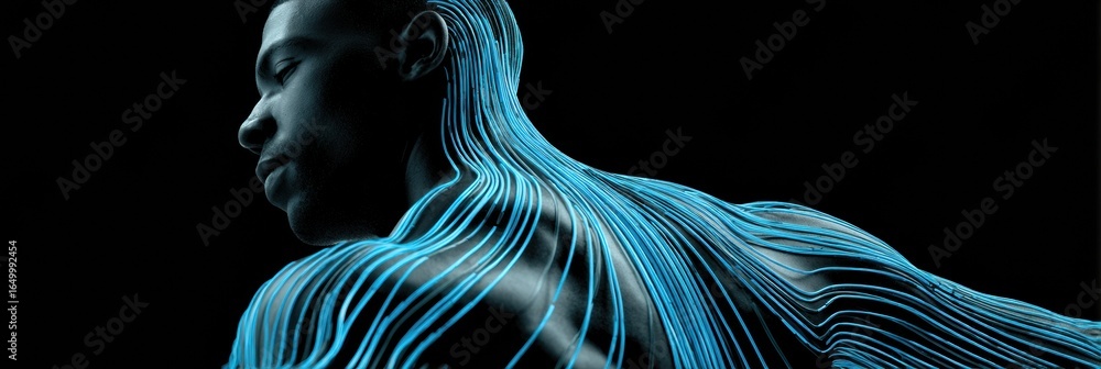 Poster dynamic representation of a human form intertwined with glowing blue lines emanating from the body a