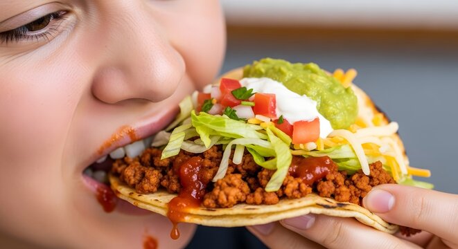 Enjoying Tacos, Home Kitchen, Food Photography, Casual Setting, Close-Up View, Culinary Delight