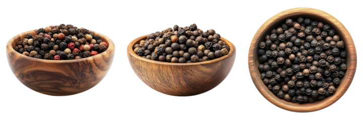 Three bowls of different sizes filled with black pepper