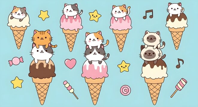 Whimsical Kawaii Cat and Kitten Stacks on Colorful Ice Cream Cones