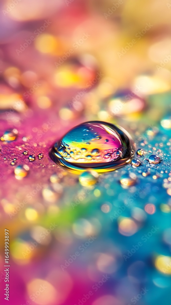 Poster Close up of water droplets on a surface with reflected colorful lights creating an abstract effect