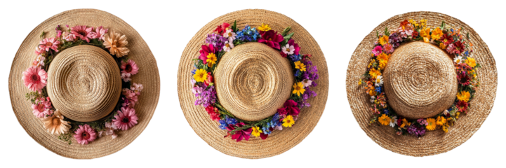 Three hats with flowers on them