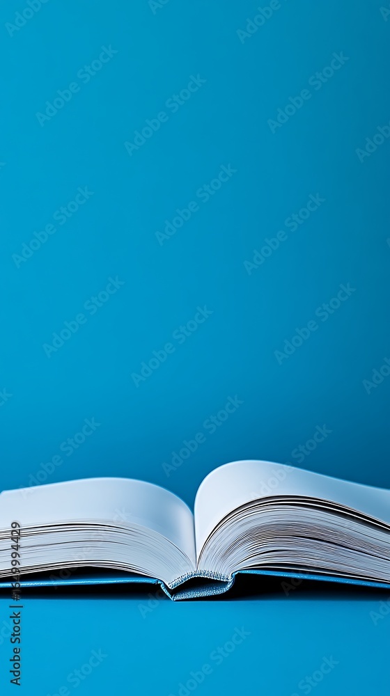 Poster an open book with blank pages is placed on a solid blue surface under bright lighting conditions stu