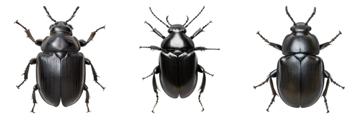 Three black bugs are shown in a row