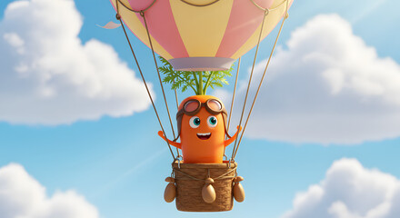 A whimsical voyage as a cheerful carrot character embarks on an imaginative sky adventure, soaring high in a pastel-striped hot air balloon amidst fluffy clouds, embodying joy and a sense of