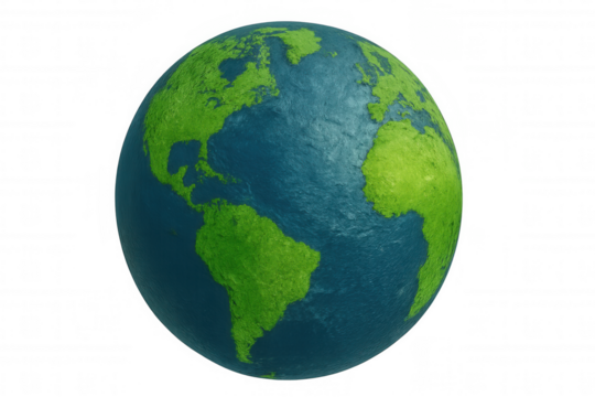 Photorealistic planet earth rotating, showcasing verdant continents and deep blue oceans against transparent background, highlighting global environmental themes