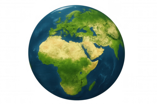 Planet earth rotating, revealing europe, africa, asia continents with photorealistic 3d rendering, transparent background