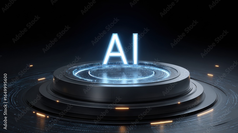Aufkleber modern design showcasing artificial intelligence with glowing text on a futuristic platform, emphasi