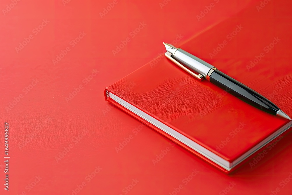 Poster high detail image of a red notebook with a pen on it and a pen in the corner