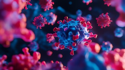 Close up view of multiple coronavirus cells with red spikes in a dark blue background space