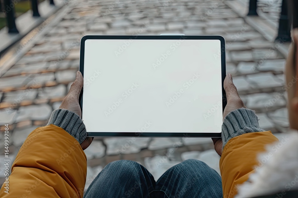 Poster digital tablet computer close up man using tablet hands man multitasking with isolated screen