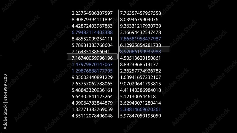 Poster a black screen with two columns of decimal numbers. the numbers are displayed in a white font and ar