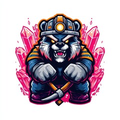 Cartoon bear miner wearing a hard hat and jacket stands defiantly with crossed pickaxes