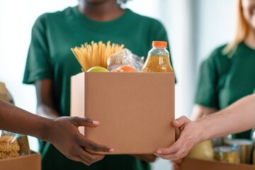 Charity workers wearing green t shirts holding cardboard box with food, helping people in need