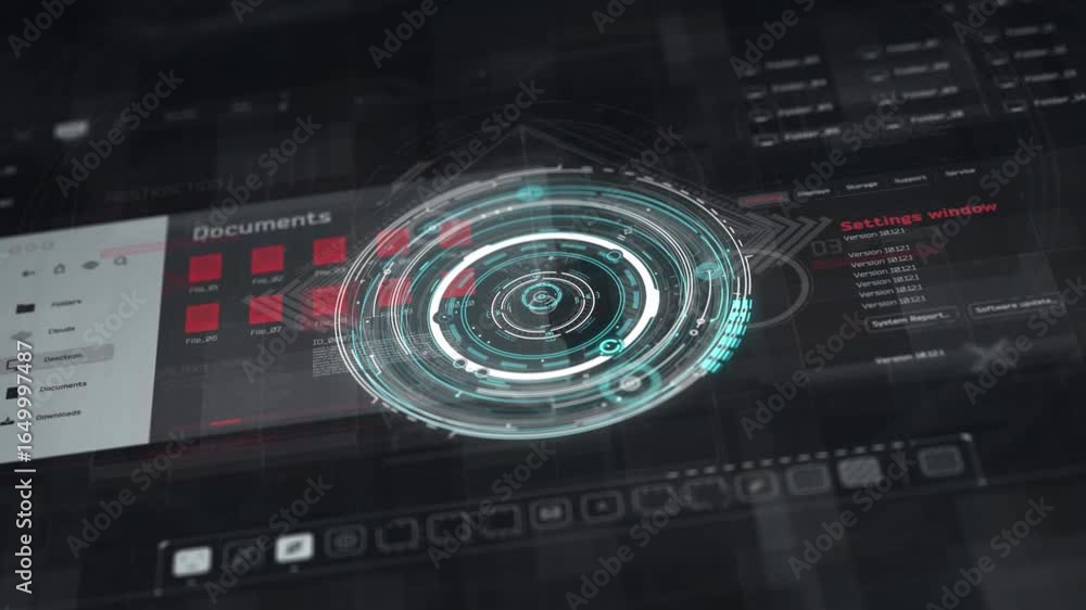 Poster a 3d rendering of a futuristic interface with a spinning circular design in blue and white on a dark