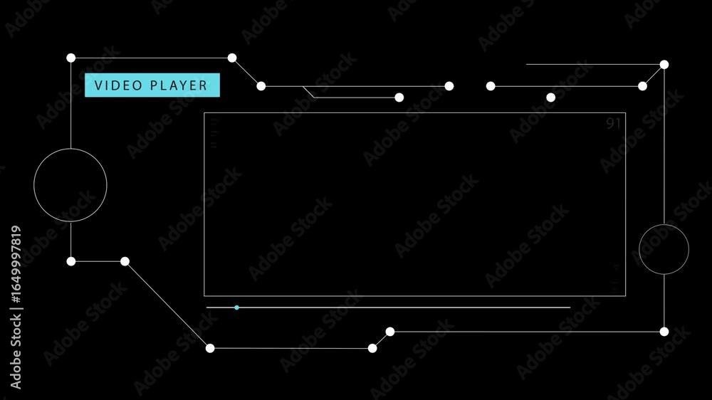 Aufkleber a black background with a rectangular video player frame and minimal white line design elements, inc