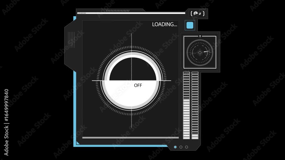 Poster a futuristic tech panel with a blue and black design. it features a large display screen, several bu