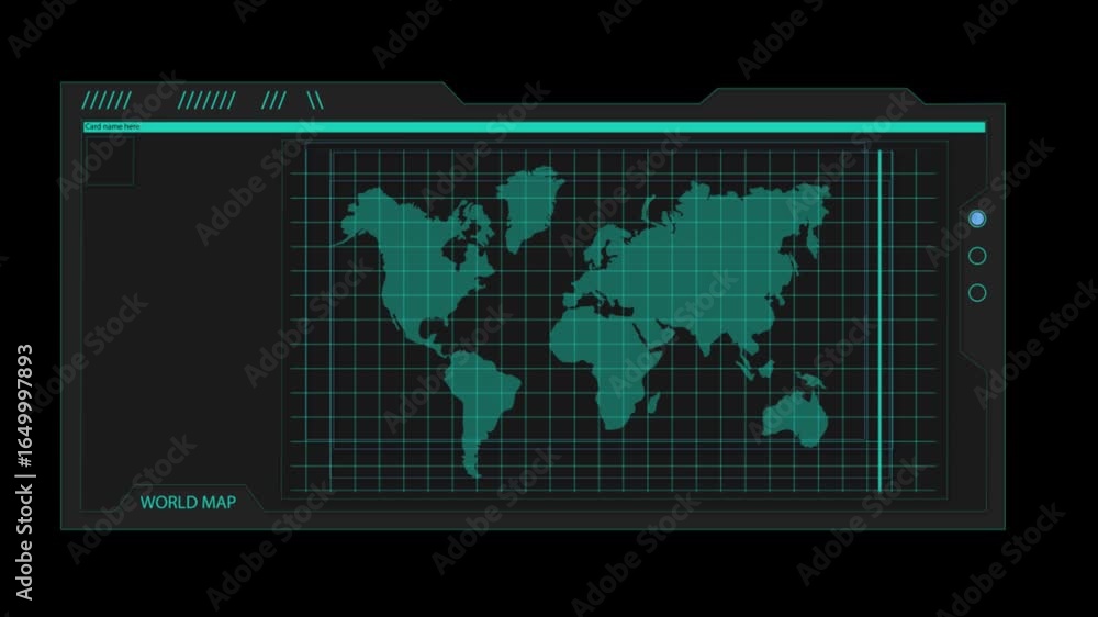 Poster a digital interface displays a world map on a grid with a thin blue line vertically down the center