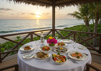 Sunset beachfront dining experience with a view of the ocean.