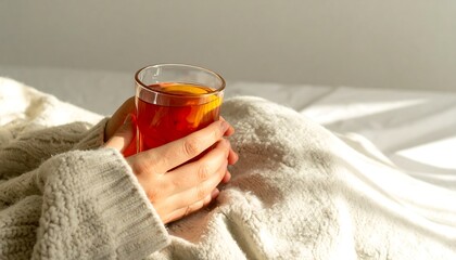 Cozy hands holding a warm tea with lemon, creating a relaxing moment in soft sunlight, perfect for lifestyle, health, and wellness content