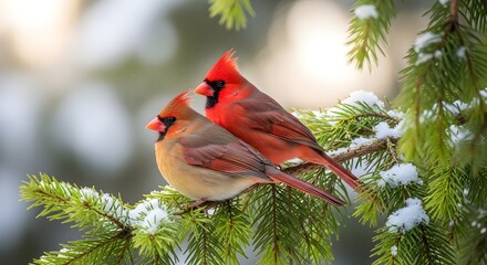 Winter's Embrace: A Vivid Cardinal Pair Perched on a Snow-Dusted Evergreen Branch.