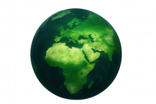 Rotating green globe highlighting europe and africa, transparent backdrop emphasizing global environmental sustainability