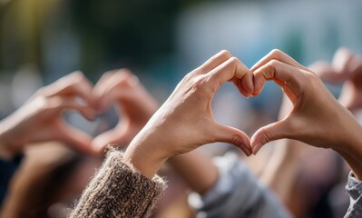People forming heart shapes with their hands during a gathering, radiating love and unity while celebrating togetherness and connection