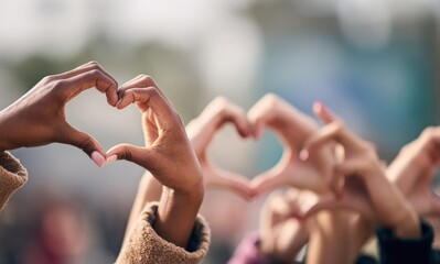Group of friends forming heart shapes with their hands, joyfully celebrating the bonds of friendship and love in a vibrant outdoor setting