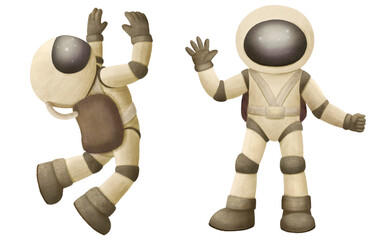 Fototapeta premium An isolated illustration of an astronaut in free fall in space. Watercolor hand drawing for children on a white background.