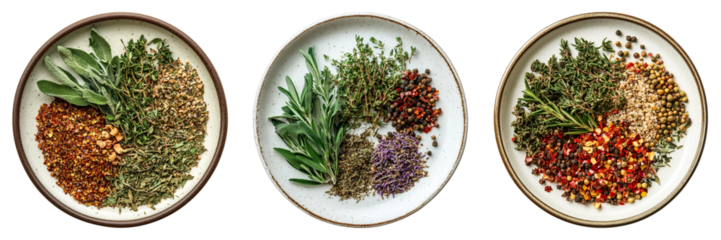 Three plates of herbs and spices are shown