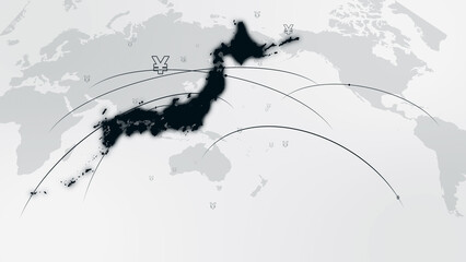 International currency network, world map with Japanese yen as central hub, financial globalization, digital economy theme