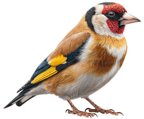Colorful goldfinch bird perched on a branch with vibrant feathers. isolated on transparent background cutout