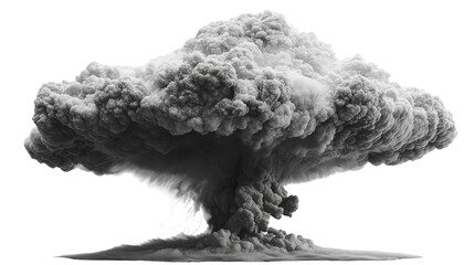 Dramatic explosion cloud rising in dark monochrome tones. isolated on transparent background cutout