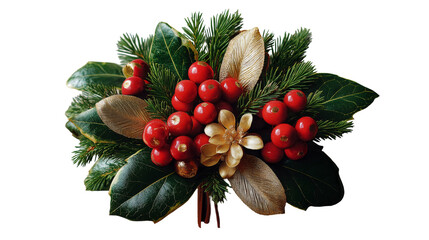 Festive floral arrangement with red berries and green foliage. isolated on transparent background cutout