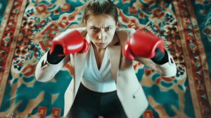 A female boxer, in full athletic gear, pummeling a punching bag with intensity. Emphasis on the physicality of the sport. - Powered by Adobe