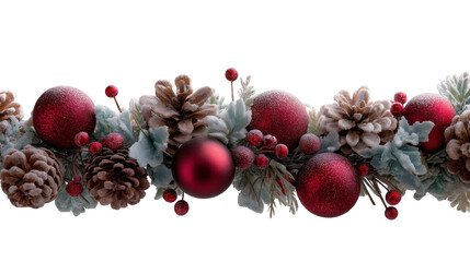 Festive holiday decoration with red ornaments and pine cones. isolated on transparent background cutout