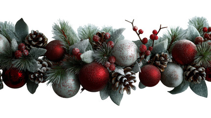 Festive holiday decoration with red and white ornaments and pinecones. isolated on transparent background cutout
