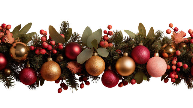 Festive holiday garland with colorful ornaments and greenery. isolated on transparent background cutout