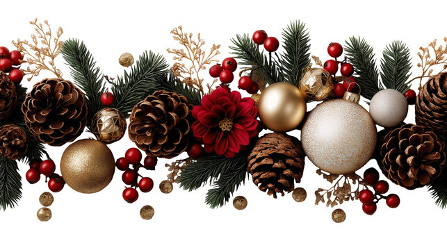 Festive holiday decoration with pine cones, ornaments, and berries. isolated on transparent background cutout