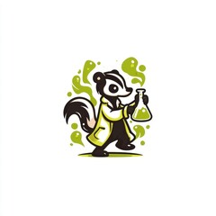 Fototapeta premium Cute skunk chemist with a flask, surrounded by green chemicals, cartoon style