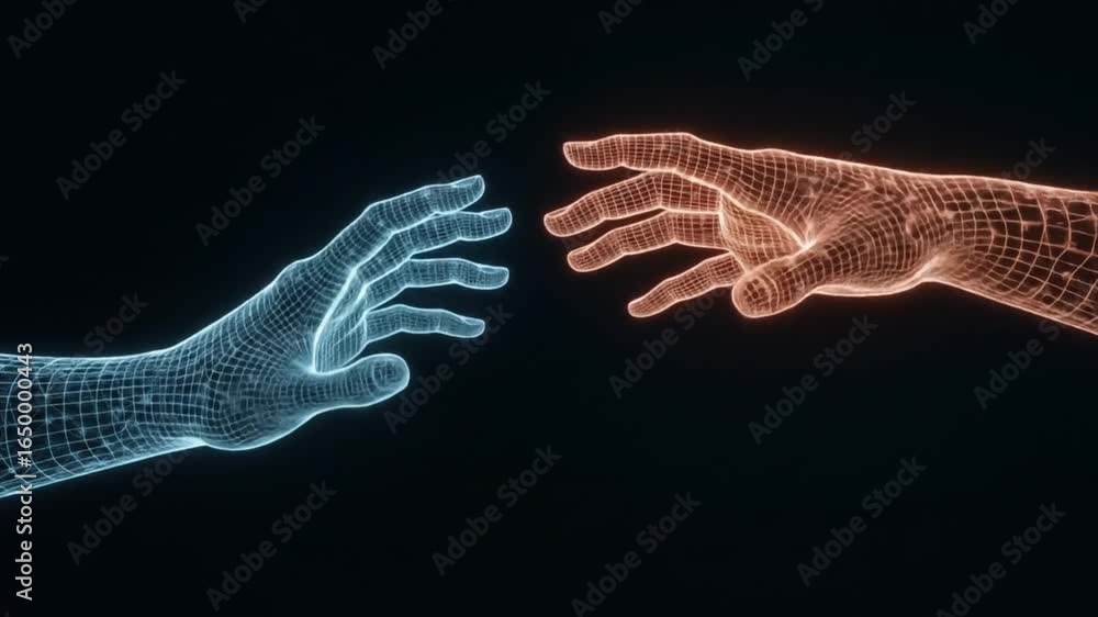 Poster two wireframe hands reaching towards each other on a black background in a digital style art