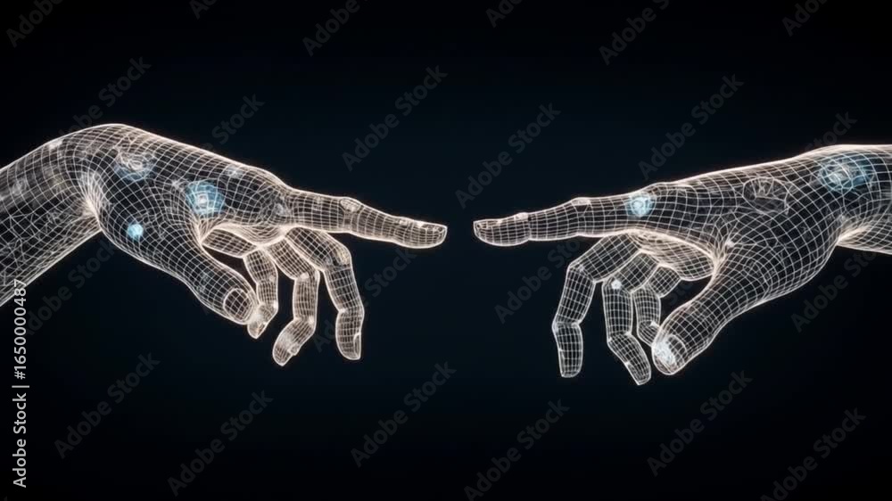 Poster two wireframe hands reaching towards each other in a dark space digital art concept creation of adam