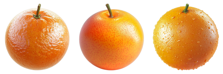 Three oranges are shown in a row, each with a different level of ripeness