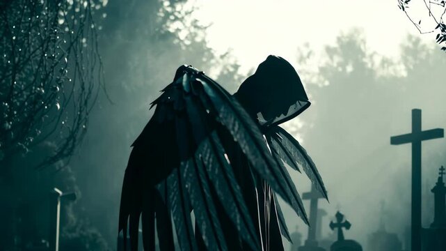 Scary angel of death haunted a silent dark misty graveyard concept.