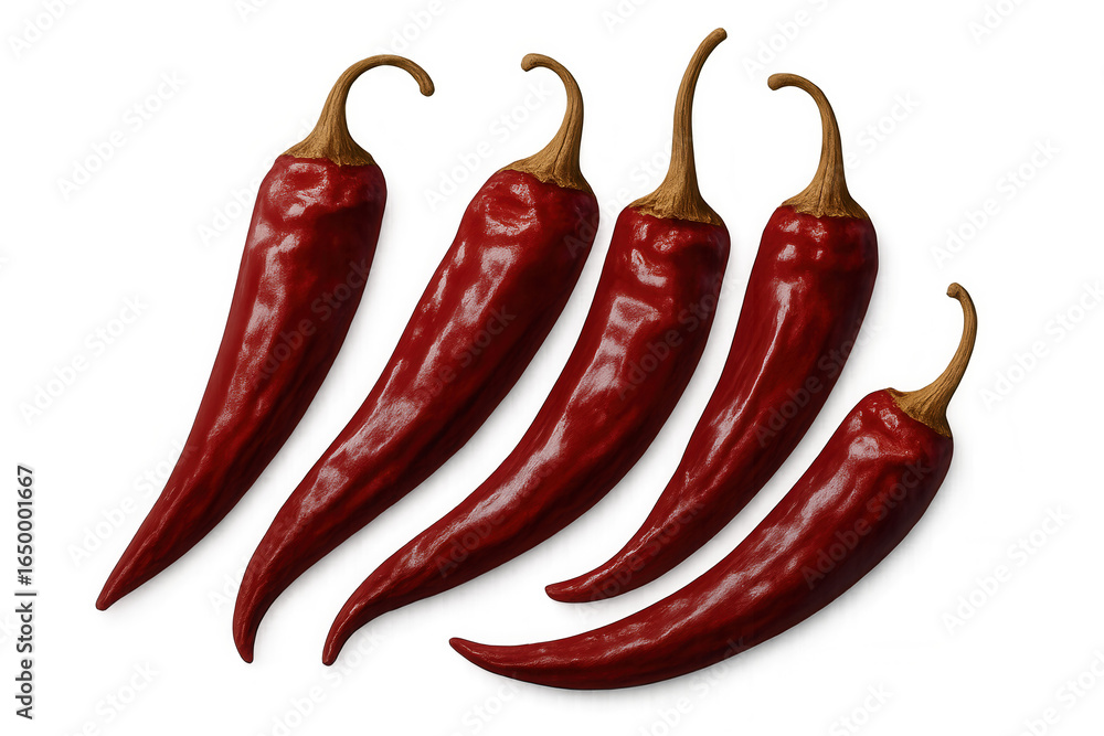 Poster five shiny red chili peppers creating a vibrant and spicy image, isolated on a transparent backgroun