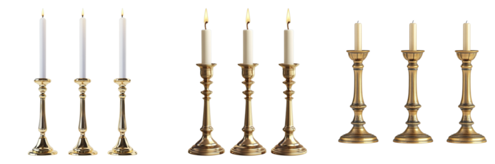 Three tall candles are lit in a row