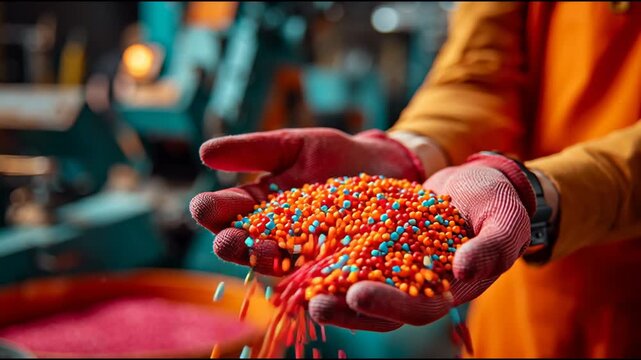 Brightly colored plastic pellets in worker's hands wearing gloves inside a plastic manufacturing factory, demonstrating production and handling of synthetic polymer materials.
