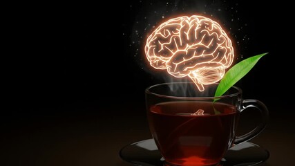 Illuminated brain above tea cup with leaf suggesting cognitive enhancement and herbal refreshment idea
