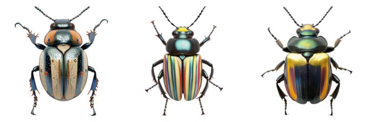 Three different colored bugs are shown in a row