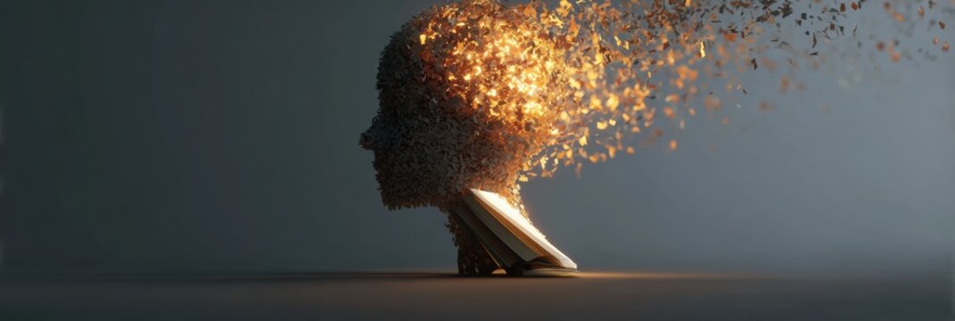 Creative Concept of a Human Head Made From Pages With Sparks Emerging, Symbolizing the Power of Knowledge and Imagination